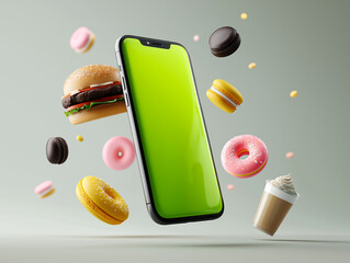 Modern Smartphone with Bright Fast-Food Items and Treats on Green Background