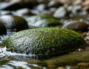 River stones covered in dark green algae, slick texture.