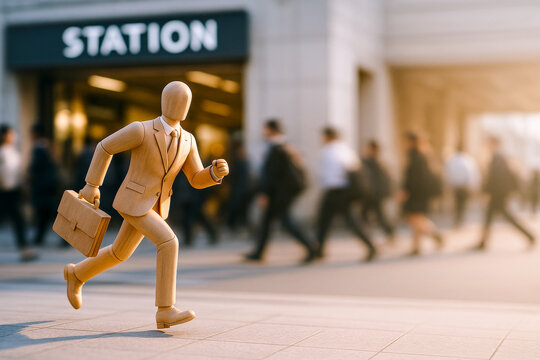 Wooden mannequin with briefcase appears to be running in front of busy station entrance, capturing experience of commuting during lively day with people walking in background