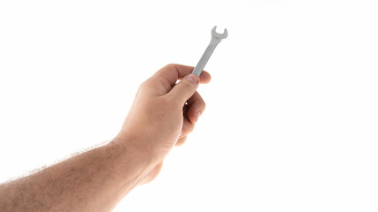 Hand holding a wrench against a white background