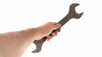 Hand holding a wrench against a white background