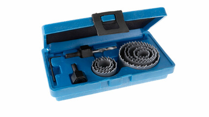Tool set for woodworking projects in a blue case