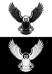 Flying Bald Eagle Black White Vector Line Art