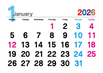 2026年1月の刺繍文字風カレンダー 月曜始まり