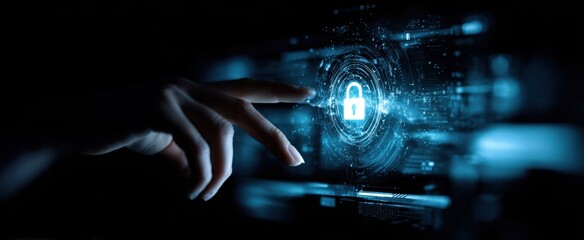 The hand interacting with a digital lock for enhanced cybersecurity and privacy.