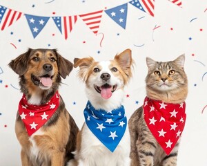 dog and american flag with gift *"4th of July Patriotic Pets: Dogs & Cats in Star-Spangled Bandanas Celebrating Independence Day"*