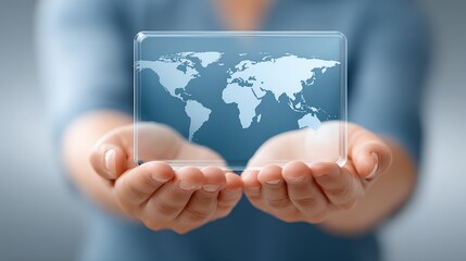 5G for disaster response, A person holds a transparent digital screen displaying a world map, symbolizing global connectivity and technology.