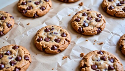 flat lay of chocolate chip cookies on a parchment sheet with visible melted chips