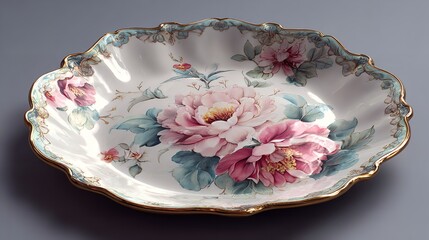 Decorative floral plate vintage porcelain serving dish with pink peony flower design and gold trim detail