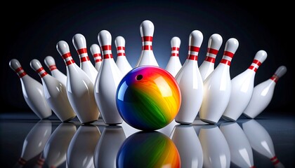 Vibrant Rainbow Bowling Ball  Pins on Dark Background with Strike Concept.