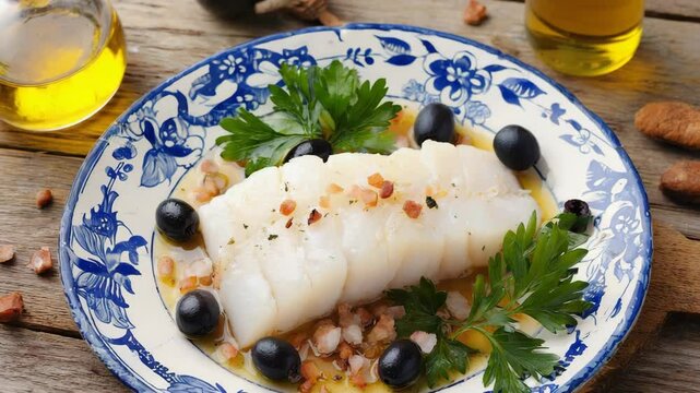 Bacalhau, close-up of flaky cod fillet with olives, served on a traditional plate, vibrant and savory Mediterranean atmosphere
