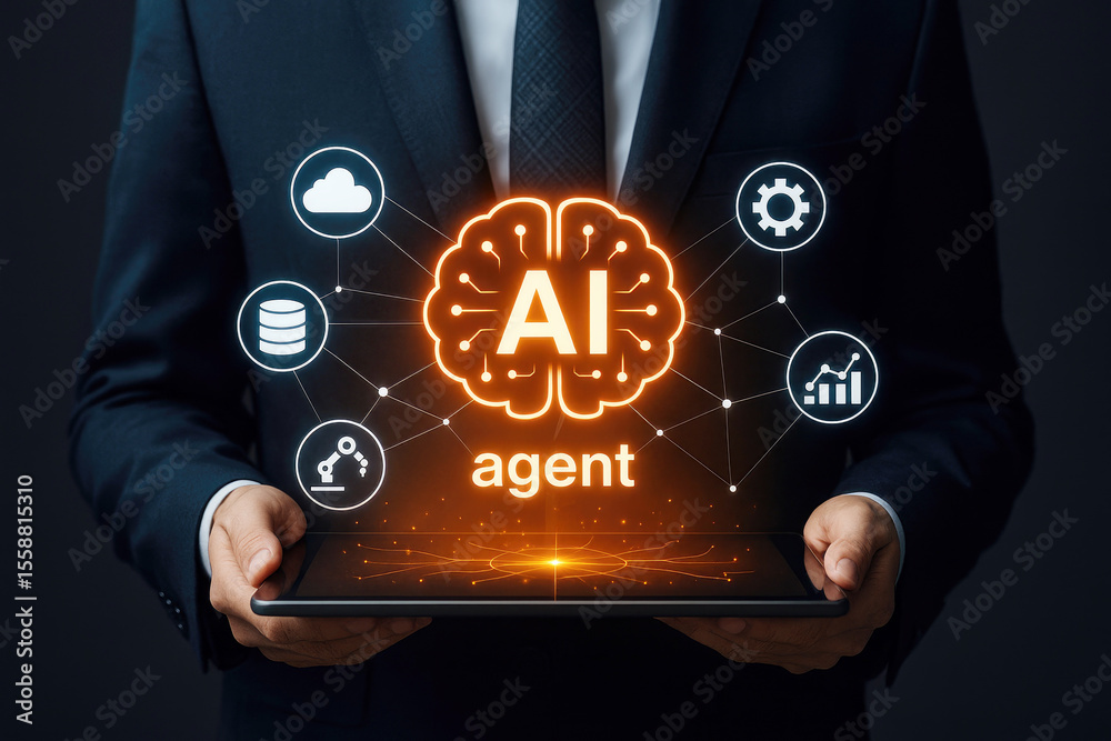 Poster glowing neural network brain with ai agent and connected icons artificial intelligence