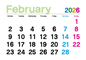 2026年2月の刺繍文字風カレンダー 月曜始まり 日本の祝日表記無し
