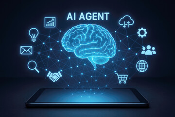 Glowing Neural Network Brain with Digital Icons artificial intelligence technology