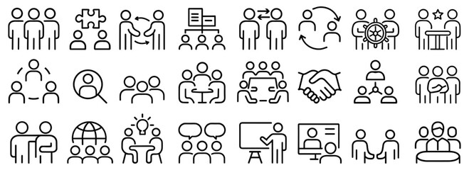 Collection of minimal style icons representing teamwork collaboration and business processes concept