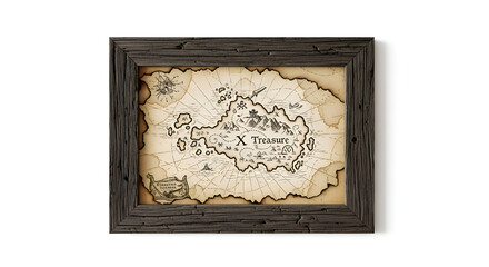 A rustic pirate map with cross sign on middle on framed as wall decor, shown on white background
