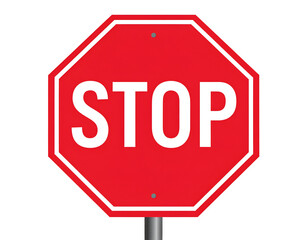 A prominent red octagonal stop sign with bold white lettering clearly signals a mandatory halt.