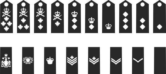 Set of icons of military army ranks from private to generals, military ranks of the army, black silhouettes.