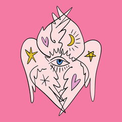 Bible cartoon pink accurate angel hand-drawn doodle psychedelic illustration with many eyes isolated clipart on white background. Perfect for tattoo or sticker or t shirt print and more. Be not afraid