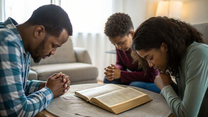Group of people praying with Holy Bible at home. Family praying to God togehter. Christian family. Prayer.  Pray time. 