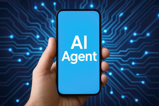 Hand holding smartphone displaying artificial intelligence agent interface mobile