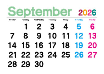2026年9月の刺繍文字風カレンダー 月曜始まり 日本の祝日表記無し
