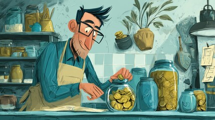 Thoughtful Man Contemplates Financial Future While Sitting at Counter with Jar of Coins in Hand