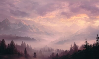 Misty mountains and forest at sunrise with pastel sky