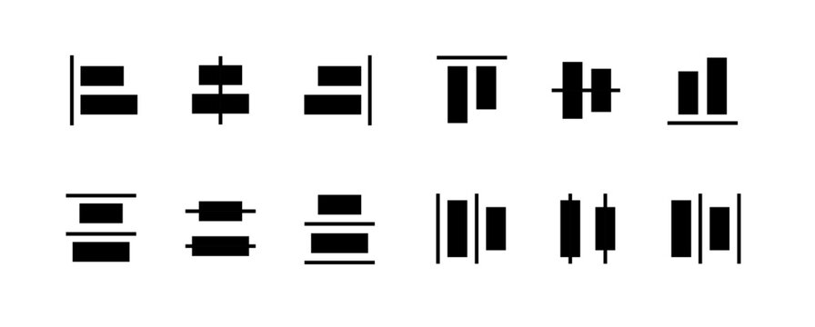 Alignment icon set for object positioning in vector graphic editor interface tool panel align sign.