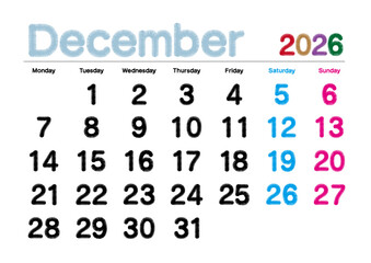 2026年12月の刺繍文字風カレンダー 月曜始まり
