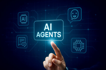 Obraz premium Human finger touching AI agents interface with digital icons artificial intelligence