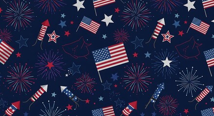 Patriotic Fireworks and Flags Seamless Pattern Design