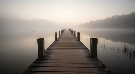 Obraz premium A long wooden pier disappears into the thick morning fog over a lake