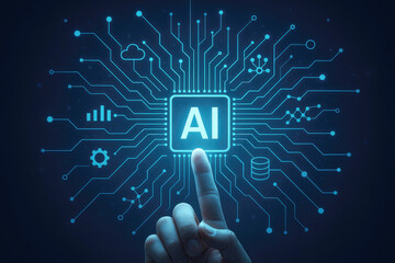 Human finger touching glowing artificial intelligence chip with digital network connections