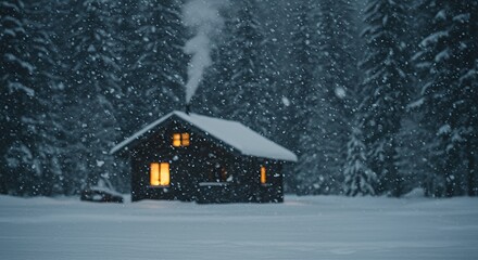 Cozy Cabin in Snowy Winter Landscape with Warm Lights and Smoke