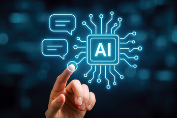 Human finger touching glowing blue AI chip and chat bubbles artificial intelligence