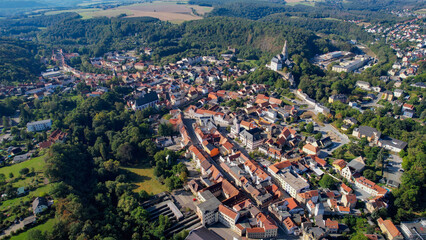 Aerial view of the old town of the city Weida on a sunny noon in summer in Germany.