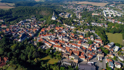 Aerial view of the old town of the city Weida on a sunny noon in summer in Germany.