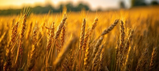 The golden wheat field under the warm sunlight at sunset.