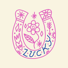 Cowgirl western art groovy boho hippie coquette aesthetic. Pink horseshoe with Lucky text lettering. Hand drawn line coloring art vector illustration clipart. Bohemian postmodern funky psychedelic