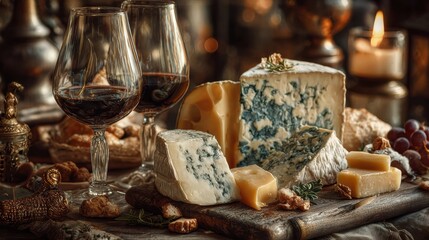 Elegant Glass of Wine Accompanied by Assorted Cheese on a Rustic Wooden Table Creating a Cozy Atmosphere