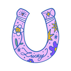Cowgirl western art groovy boho hippie coquette aesthetic. Horseshoe with Lucky text lettering. Hand drawn line coloring art vector illustration clipart. Bohemian postmodern funky psychedelic style
