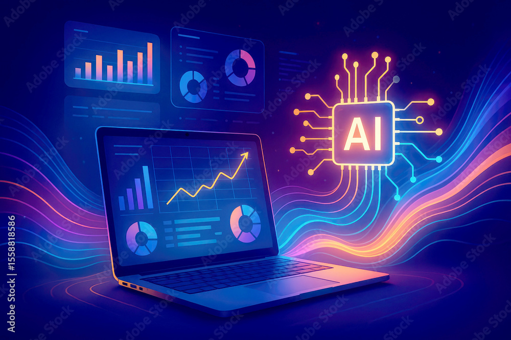 Poster laptop displaying financial charts with ai chip and colorful data streams artificial intelligence