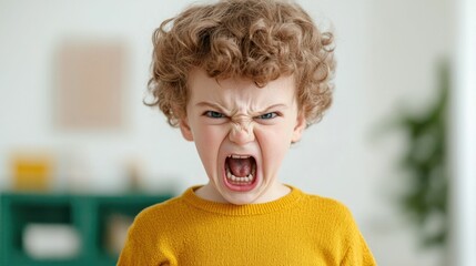 Portrait of an angry young boy with curly hair pouting and expressing strong feelings of or annoyance on his face  The child is captured in a closeup headshot against a plain background