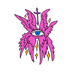 Bible cartoon pink accurate angel hand-drawn doodle psychedelic illustration with many eyes isolated clipart on white background. Perfect for tattoo or sticker or t shirt print and more. Be not afraid