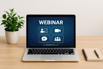 Laptop displaying webinar with icons for presentation video chat and group discussion