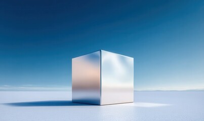 Metallic cube rests on surface against blue Sky