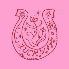 Cowgirl western art groovy boho hippie coquette aesthetic. Pink horseshoe with Lucky text lettering. Hand drawn line coloring art vector illustration clipart. Bohemian postmodern funky psychedelic