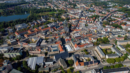 Aerial view of the old town of the city Zwickau on a sunny noon in summer in Germany.