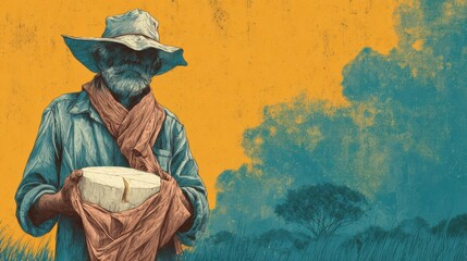 Fototapeta premium A Thoughtful Man in a Warm Hat and Cozy Scarf Holding a Steaming Cup in a Serene Winter Setting